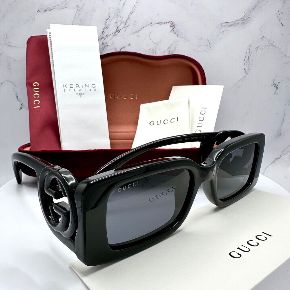 New GUCCI Sunglasses Black Square Rectangular All Black